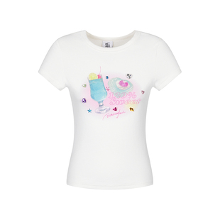 BETWEENAND 海盐汽水彩钻短款白色短袖上衣夏季元气晕染印花T恤女