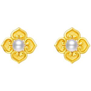 周六福足金珍珠耳钉女款枝枝如意西安博物院系列黄金镶嵌节日礼物