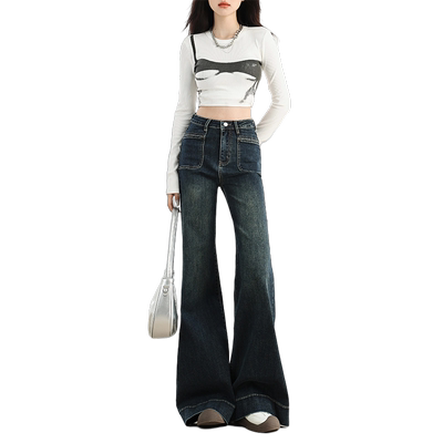 worxurnn/无须美式复古喇叭牛仔裤女秋高腰显瘦弹力水泥灰喇叭裤