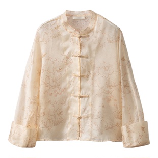 高定 100%桑蚕丝国风欧根纱提花真丝开衫上衣女薄款外套新中式春