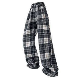 复古格子裤女秋冬保暖加厚高腰宽松慵懒大码宽松休闲阔腿裤小个子