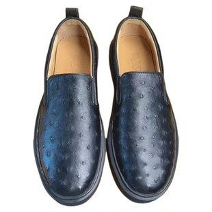 全真鸵鸟皮鞋男款全黑公务鞋一脚蹬休闲鞋轻便舒适正品真皮男鞋子