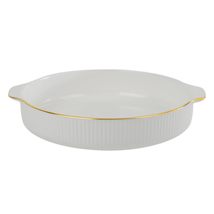金边双耳竖纹骨瓷餐盘深盘家用蒸菜盘蒸蛋专用盘法式盘子蒸蛋盘