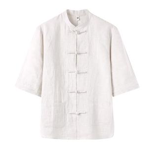 夏季薄款唐装男复古青年中国风亚麻盘扣短袖衬衫棉麻立领中山衬衣