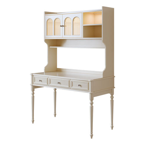 法式实木书桌书架一体卧室家用办公桌电脑桌奶油风高级感写字桌子