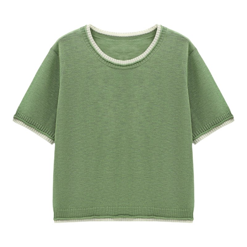 Basic House/百家好绿色圆领韩版短袖针织衫女夏季宽松百搭上衣