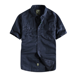 硬朗简约立体口袋翻领衬衫男 欧美复古纯色夏季修身百搭短袖T恤