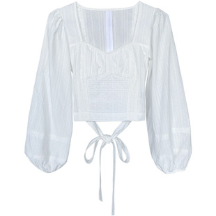 春秋重工蕾丝全棉拼接小衫法式复古方领上衣高腰长袖系带小众衬衫