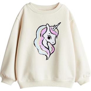 HM童装儿童女童卫衣冬季休闲圆领加绒印花长袖上衣1216937