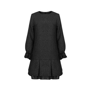 sdeer圣迪奥秋冬装女装复古圆领肌理拼接长袖连衣裙S234Z12D5