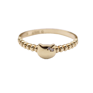 韩国纯14K黄金Au585可爱小猫女士花戒无名指戒指尾戒螺纹可爱礼物