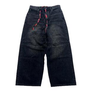 BMC 油蜡黑george V撞色抽绳双膝复古做旧baggy牛仔裤Carti同款
