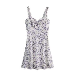 春夏法式v领复古气质温柔风碎花连衣裙女收腰茶歇桔梗初恋吊带裙