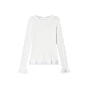 姜雯'仙本那'韩系超好看蕾丝边内搭白色圆领显瘦打底针织衫t恤女