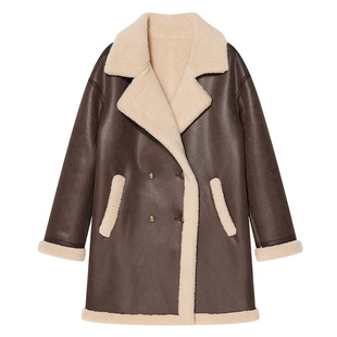 Goodland美地女装2024年冬季新款环保皮草翻领仿皮毛一体外套中款