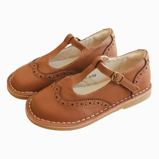 复古儿童皮鞋女英伦风头层牛皮真皮公主鞋雕花布洛克棕色防滑软底