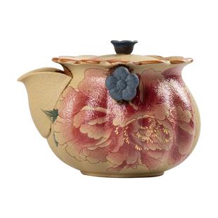 牡丹花青花火石红手抓茶壶一壶两杯功夫茶具套装复古泡茶壶礼盒装