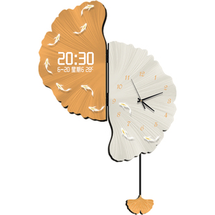 银杏叶拐角挂钟轻奢创意客厅装饰万年历电子时钟双面转角时钟挂画