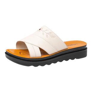 老人头拖鞋女真皮厚底女士中跟一字拖平底外穿中年妈妈夏季凉鞋拖