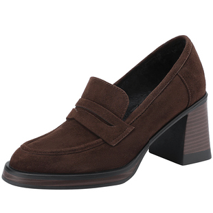 英伦风反绒皮乐福鞋粗跟加绒高跟深口单鞋真皮女一脚蹬百搭小皮鞋