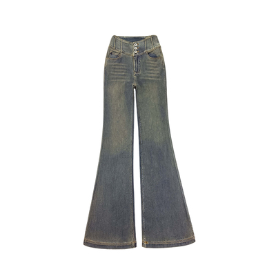 V腰怀旧蓝显腰微喇叭长裤