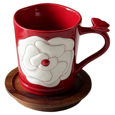 复古红浮雕立体山茶花蝴蝶陶瓷杯