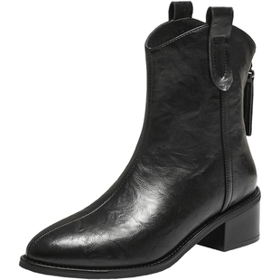 TATA他她女鞋靴子2025冬时装靴粗跟复古西部靴弹力短靴UVF01DZ5