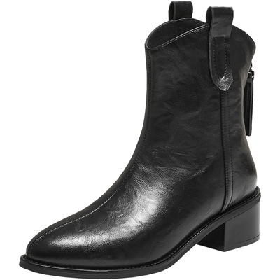 TATA他她女鞋靴子2025冬时装靴粗跟复古西部靴弹力短靴UVF01DZ5