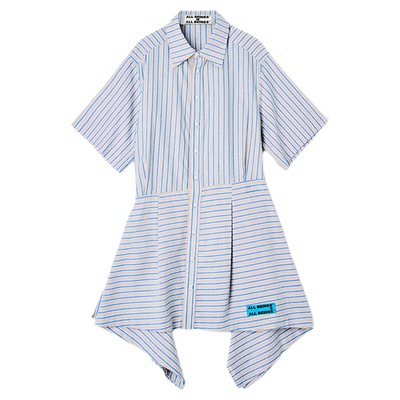 ALL BEINGS25SS夏季新款纯棉蓝灰条纹不规则轻薄衬衫式连衣裙
