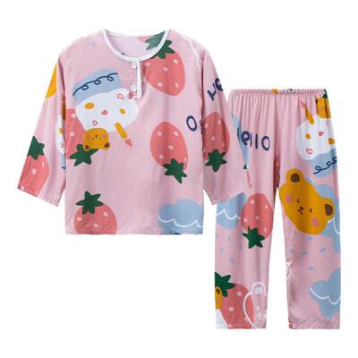 夏季长袖棉绸套装儿童女童睡衣