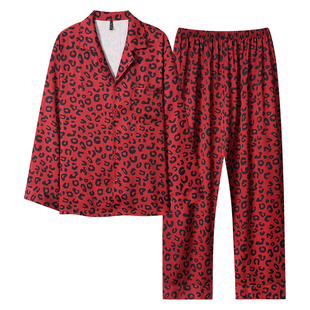 牧柔简约风豹纹秋季翻领宽松休闲睡衣套装轻便舒适开衫式纽扣长袖