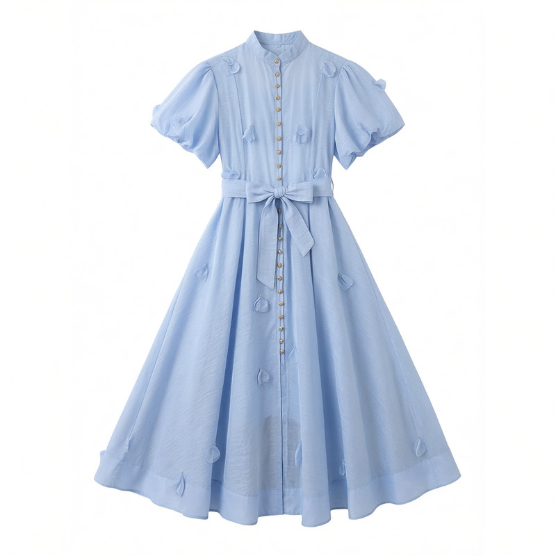 宫廷风重工蓝色立体花泡泡袖礼服