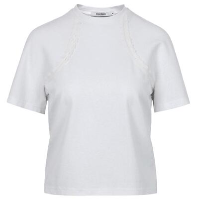 CALVINLUO 新品纯色插肩袖蕾丝拼接短袖休闲T恤女 白/黑