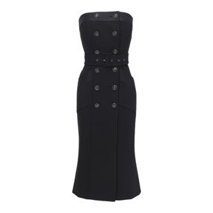 CISSONNE赛颂连衣裙抹胸修身收腰露肩中长款气质黑色裙子