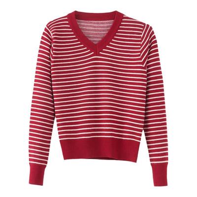v领条纹短款毛衣女内搭打底衫