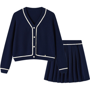 英氏女童套装2026春装新款儿童小香风针织开衫外套百褶裙子两件套