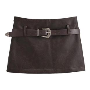 liviahome街头复古辣妹腰带包臀皮裙女机能风超短裙A字半身裙秋冬