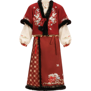 池禾原创【马上有钱】唐制汉服女唐褙子刺绣保暖套装秋冬款拜年服