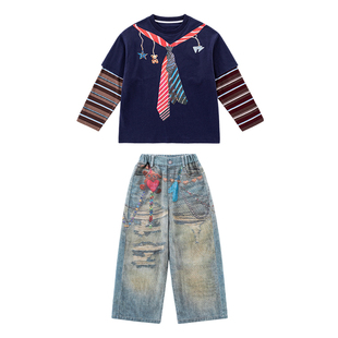 女童春秋装儿童美式假两件上衣牛仔裤套装2026新款长袖tT恤阔腿裤