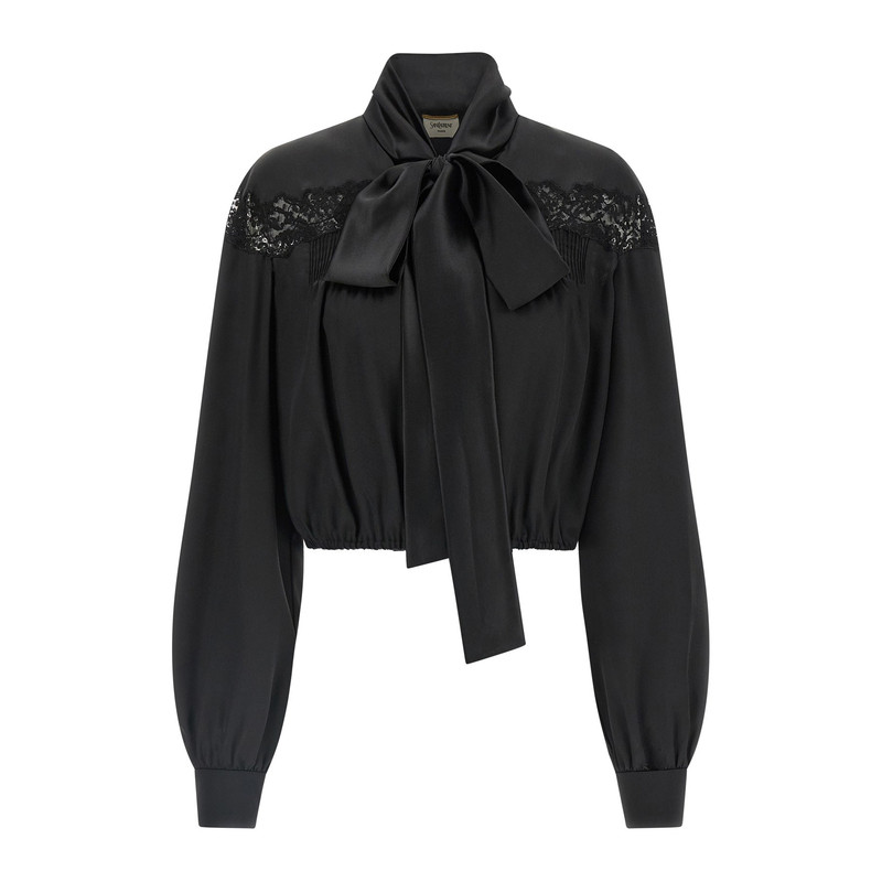SAINT LAURENT 圣罗兰YSL 女士蝴蝶结真丝衬衫26早春新意大利代购