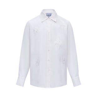 LILY2026春新款衬衣莫代尔镂空刺绣高级气质上衣米白色长袖衬衫女
