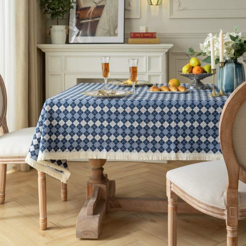 飞阳新款美式复古格子感布餐桌轻奢现代桌布布茶几高级简约长方形