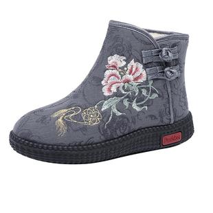 冬季老北京布鞋女棉鞋加绒加厚保暖鞋中老年妈妈鞋绣花鞋高帮棉靴