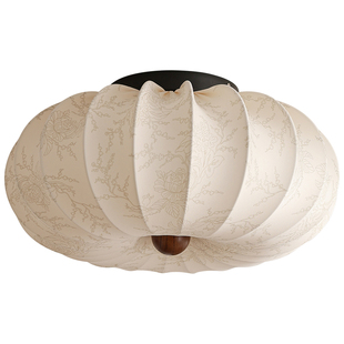 新款法式中古卧室吸顶灯复古胡桃木纹布艺印花高级感主房间灯西早