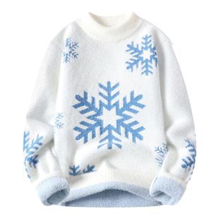 青少年冬季加绒水貂绒毛衣男学生雪花潮牌加厚针织衫保暖潮流线衣