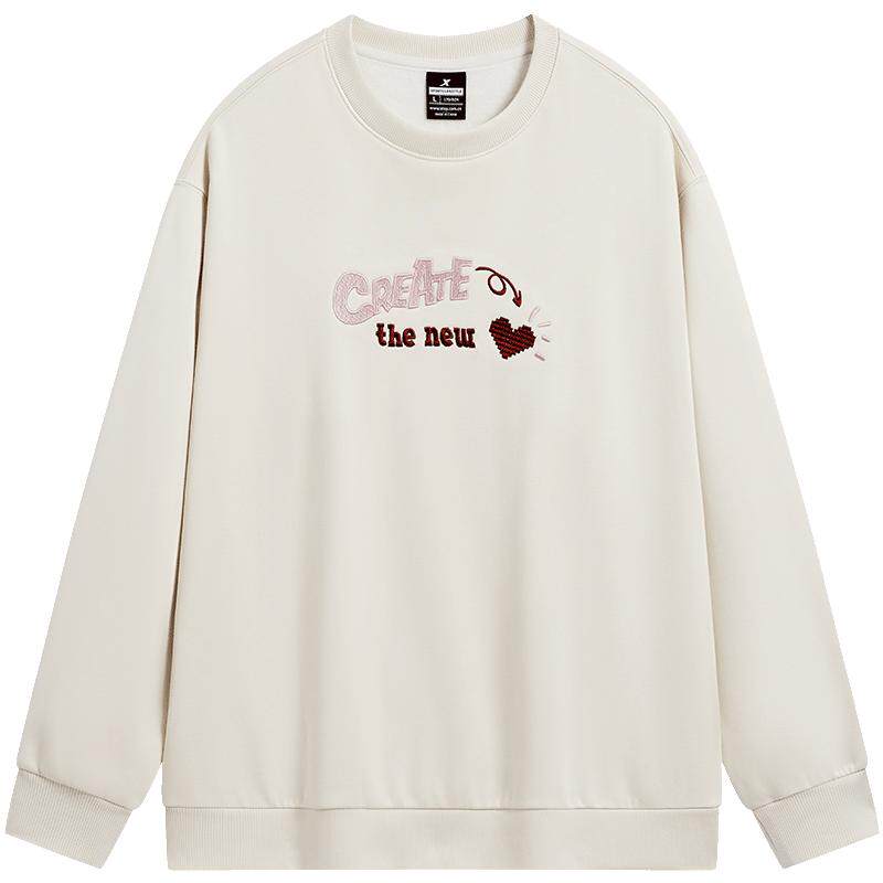 特步加绒卫衣女2025春季新款美拉德透气套头圆领女子宽松运动上衣