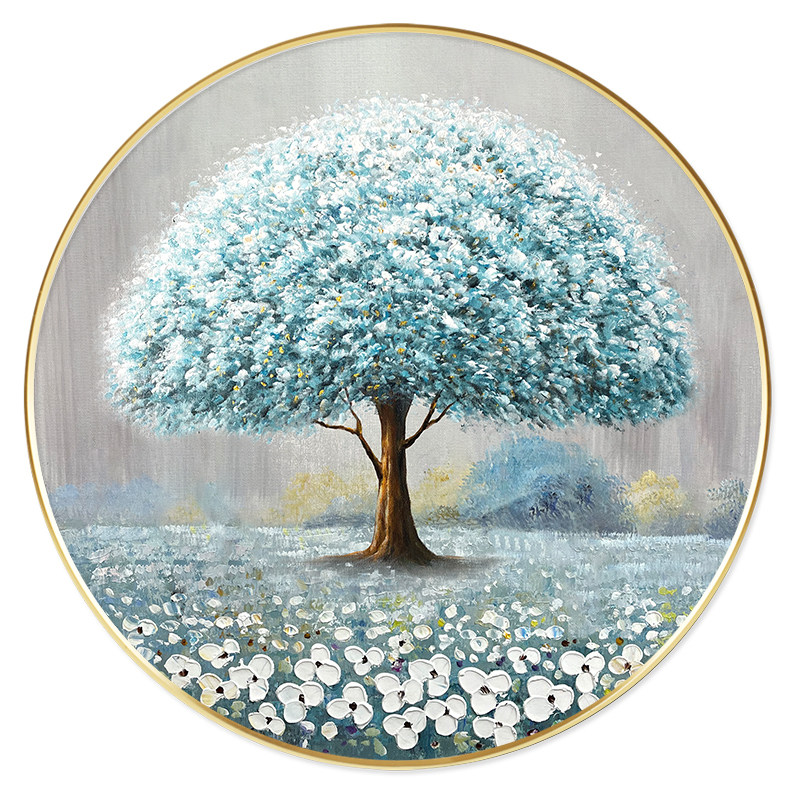 手绘圆形肌理发财树入户玄关装饰画抽象油画客厅餐厅过道高级挂画