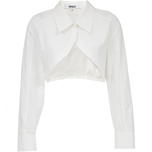 ONLY2025夏季新款层次感微弧下摆纯棉宽松短款翻领长袖衬衫女