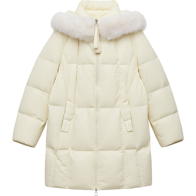 DM100大码百分百女装微胖mm冬季加厚直筒中长款毛领连帽羽绒服