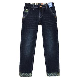 高端印花加绒牛仔裤男九分裤冬季厚款保暖磨毛修身小脚抓绒长裤子